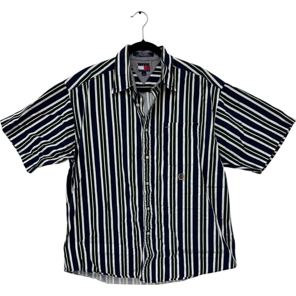 Vtg Tommy Hilfiger Striped Button Up Short Sleeve Shirt Large 90s Preppy Cotton